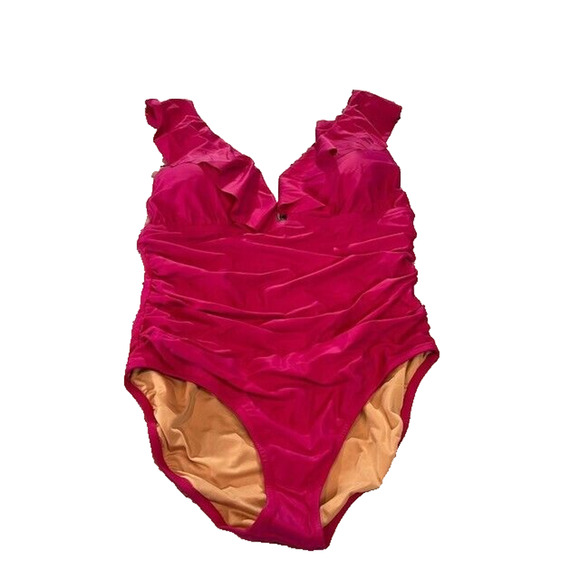 J.Crew Womens Ruched Ruffle One Piece Swimsuit Beach Fuchsia Pink Size 18 NWT - Picture 2 of 7